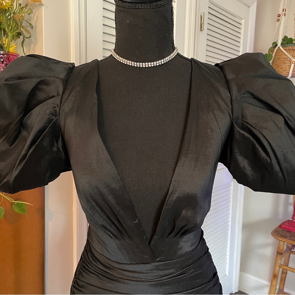 Oh Polly Black Puff Sleeve Plunge Mini Dress - Picture 3 of 7